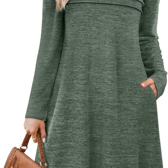 Womens Long Sleeve Tunic Dress Fall Fashion Sweater Dress with Pockets Pleated F - Picture 1 of 5